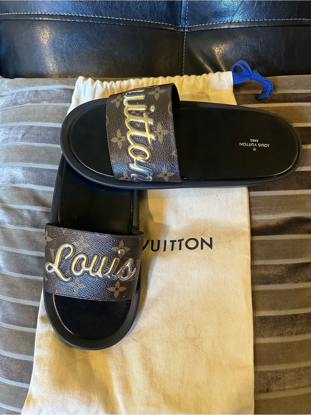 Louis Vuitton Brown and Gold Monogram Slide Sandals - Picture 3 of 9